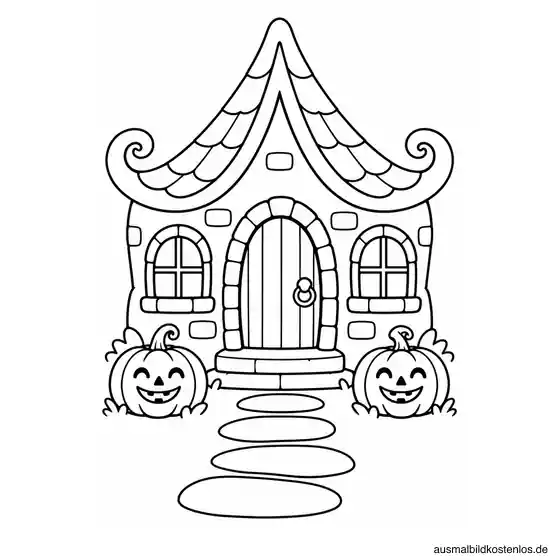 Kleines Halloween-Haus mit geschwungenem Dach und Kürbislaternen als Schwarz-Weiß-Malvorlage
