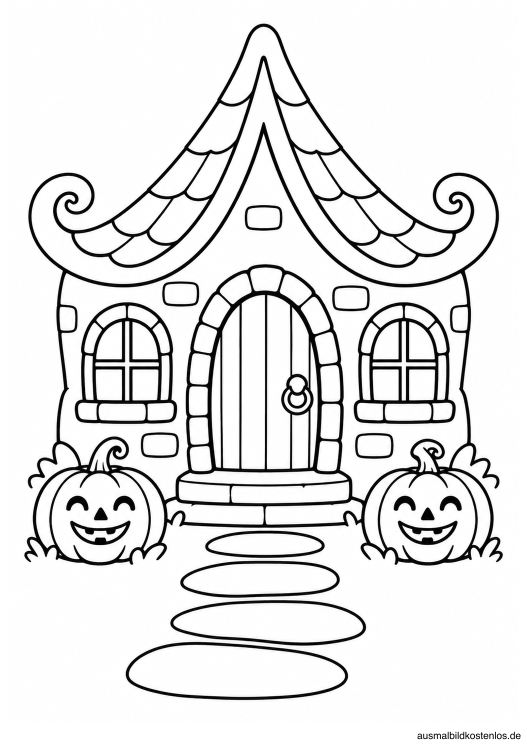 Kleines Halloween-Haus mit geschwungenem Dach und Kürbislaternen als Schwarz-Weiß-Malvorlage