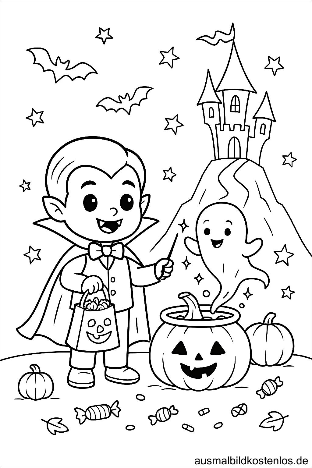 Vampir mit Schloss im Hintergrund – Halloween Malvorlage