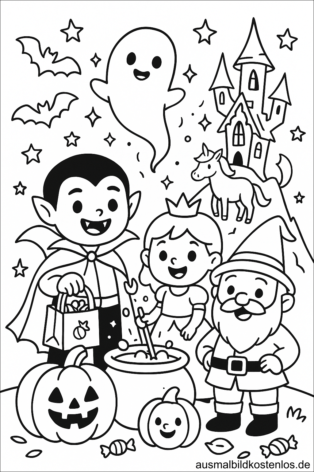 Vampir, Prinzessin und Zwerg – Ausmalbild für Halloween