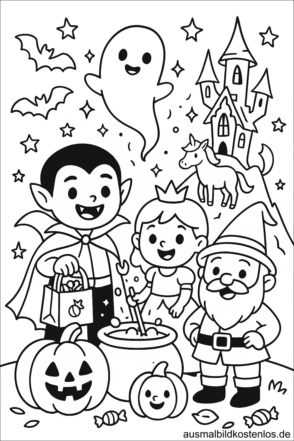 Vampir, Prinzessin und Zwerg - Ausmalbild für Halloween