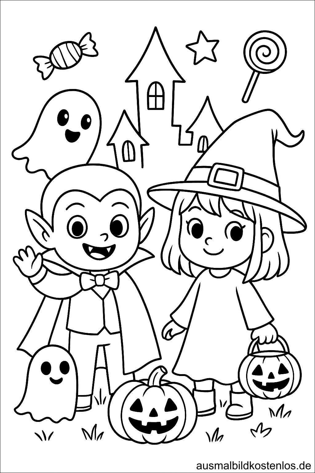 Vampir und Hexe Halloween Ausmalbild