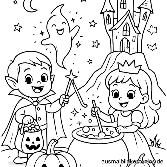 Vampir und Prinzessin – Halloween Ausmalbild für Kinder