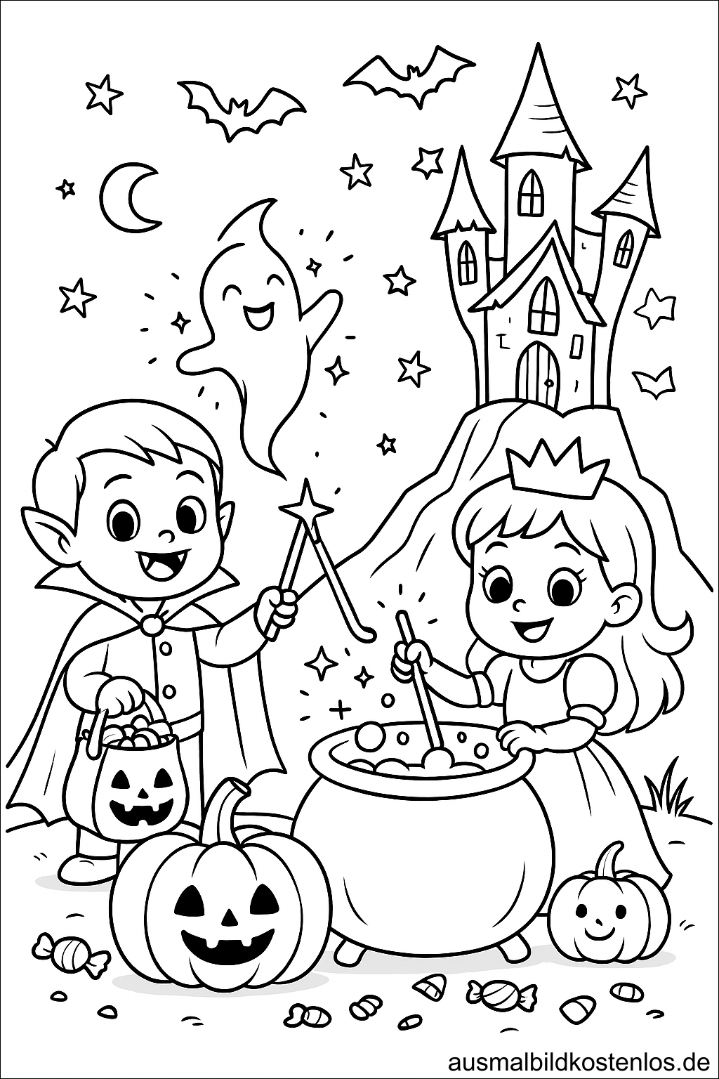 Vampir und Prinzessin – Halloween Ausmalbild für Kinder