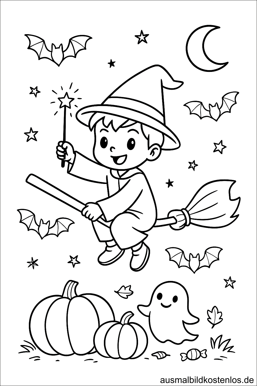 Halloween Ausmalbild: Junge Zauberer auf dem Besen
