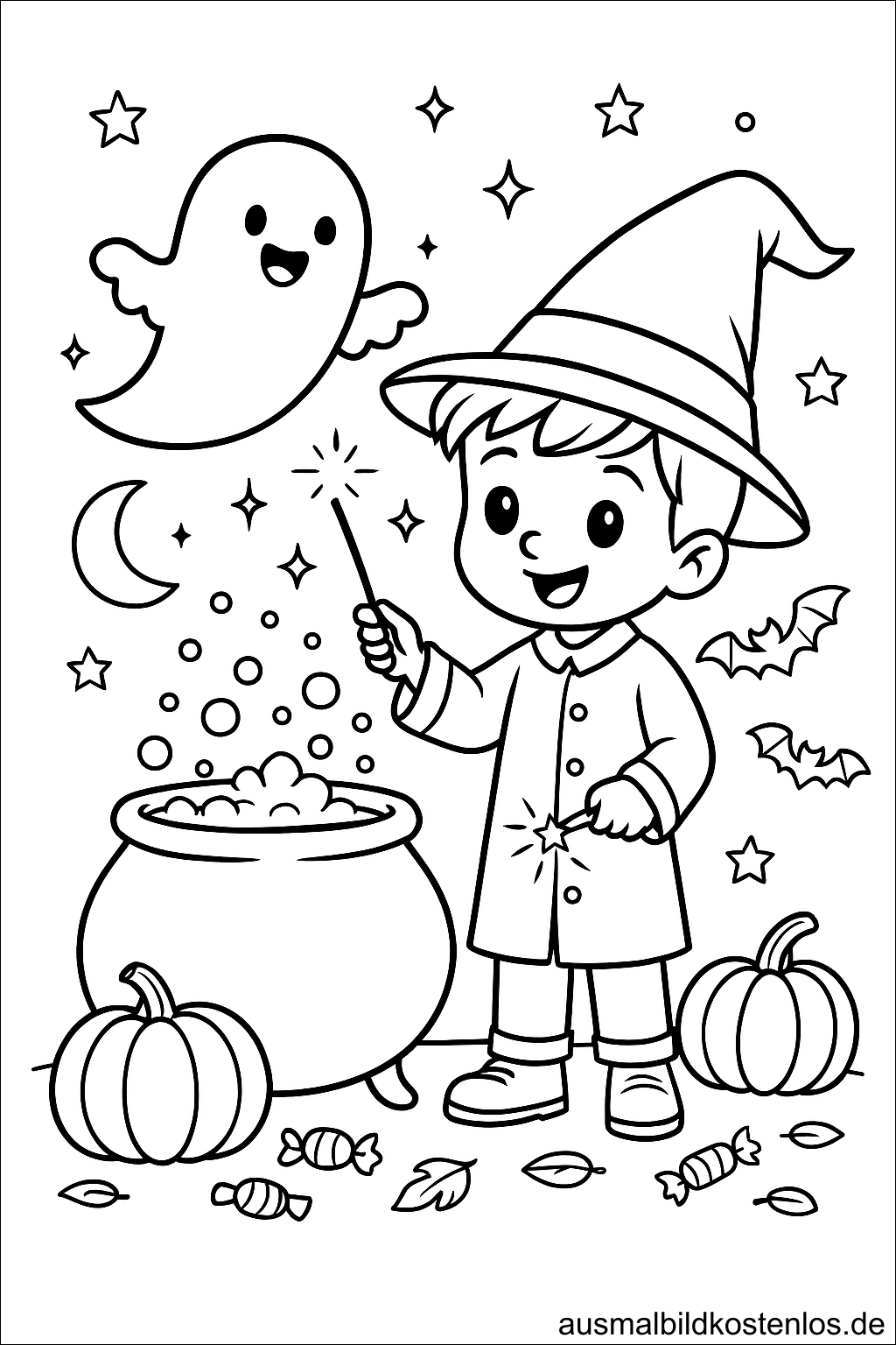 Halloween Malvorlage: Zauberer-Junge mit Kessel