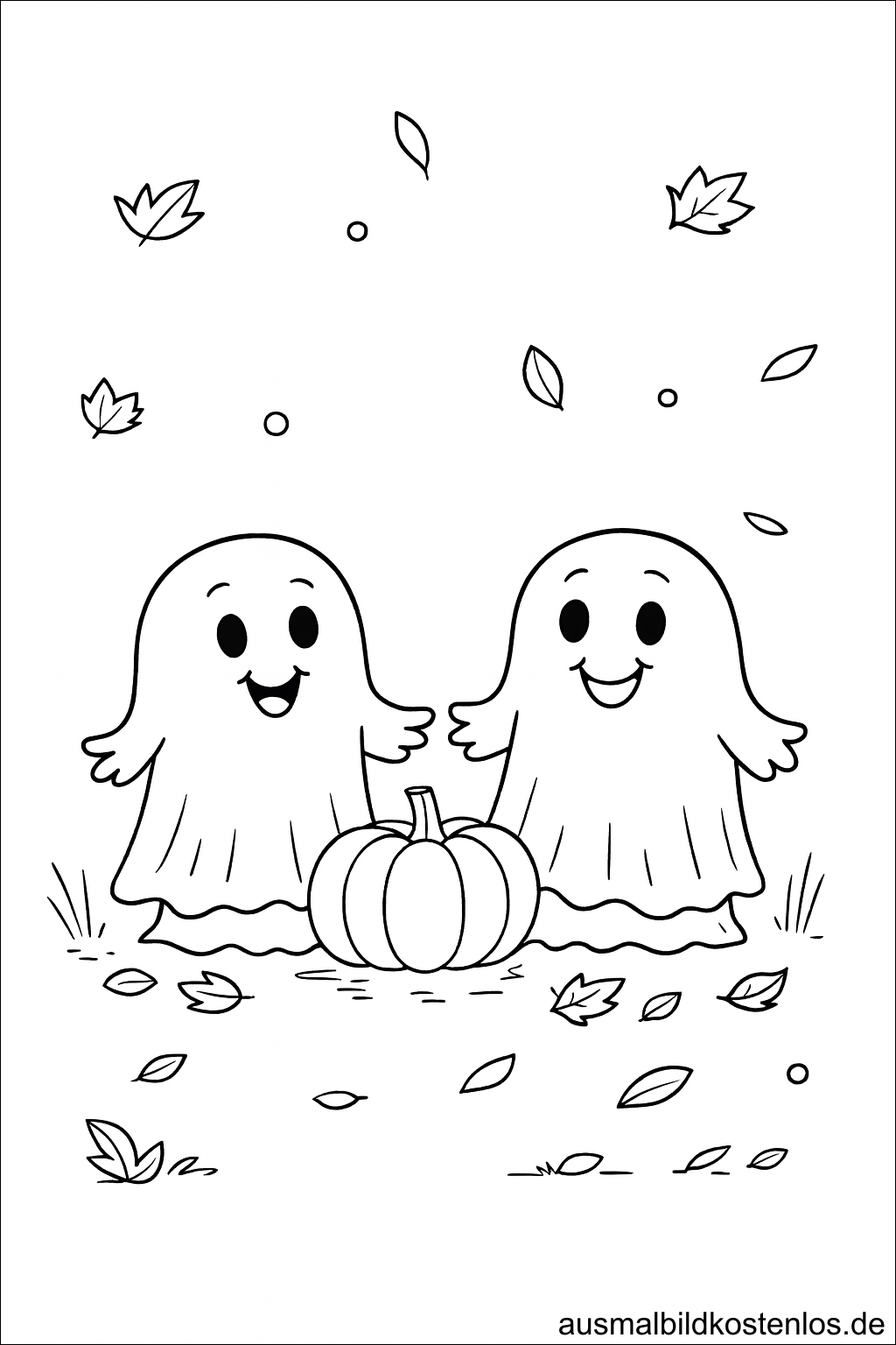 Zwei fröhliche Geister mit Kürbissen – Ausmalbild für Halloween