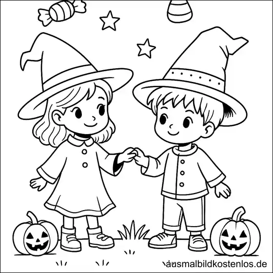 Zwei Hexenkinder Halloween Ausmalbild