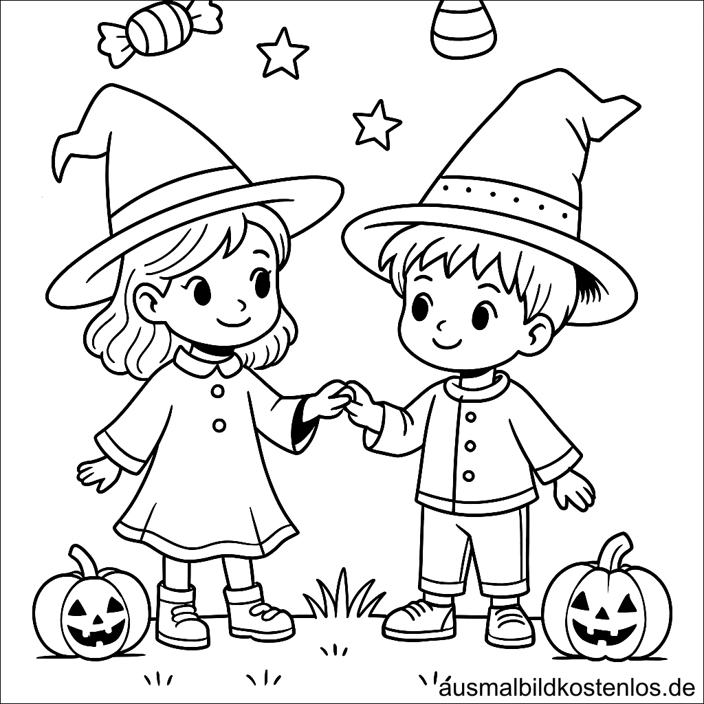 Zwei Hexenkinder Halloween Ausmalbild