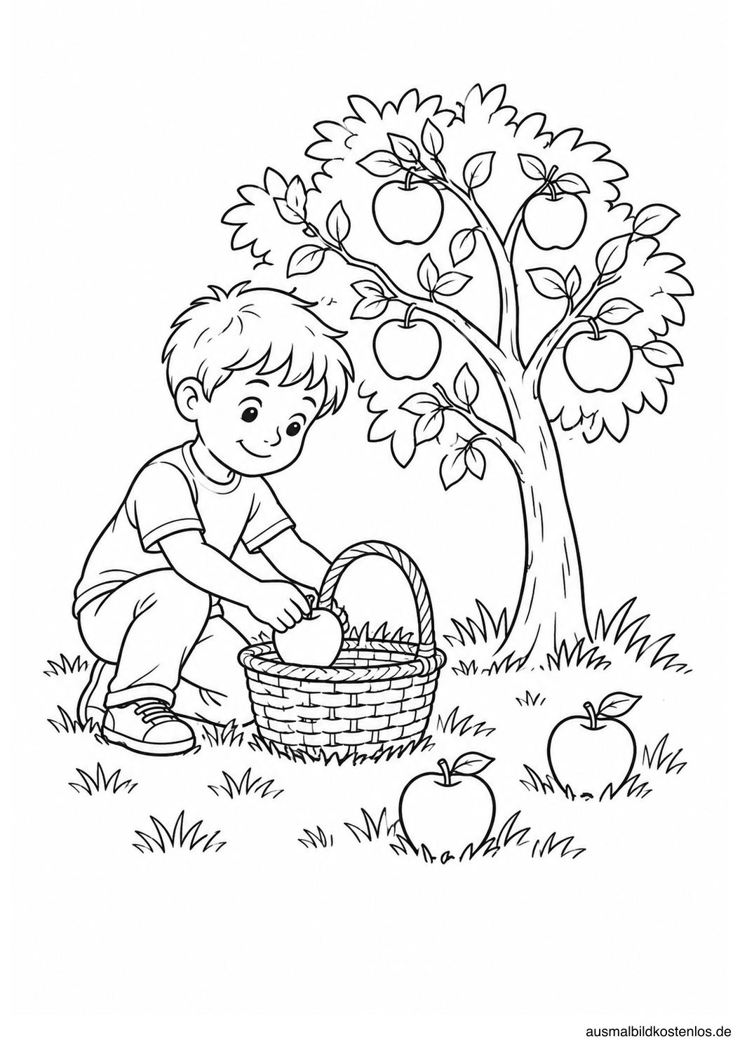 Kind legt einen Apfel in einen Korb unter einem Apfelbaum; zwei weitere Äpfel liegen im Gras.