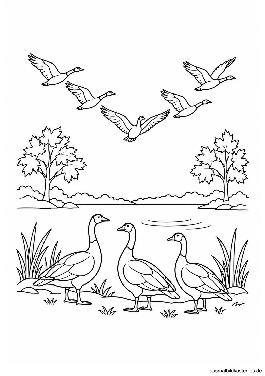 Drei Gänse am Schilfufer eines Sees; fünf weitere fliegen in V-Formation über zwei Herbstbäumen.