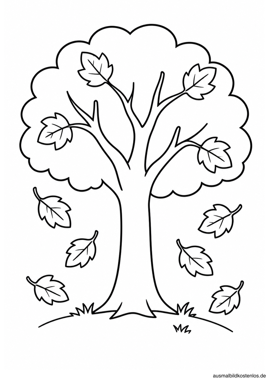 Einfacher Herbstbaum auf einem Wiesenhügel mit sechs einzeln fallenden Blättern.