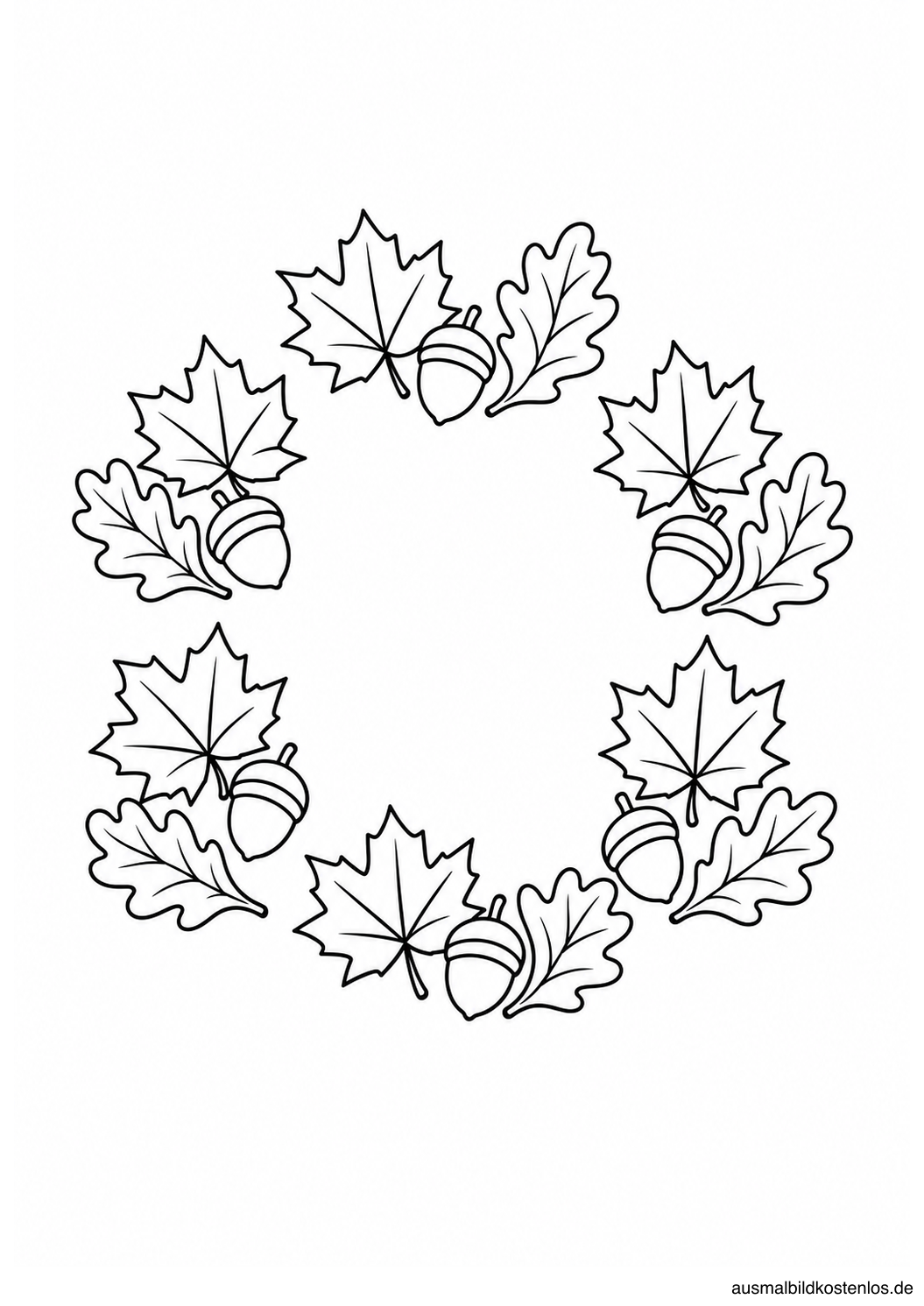 Locker gelegter Herbstkranz aus sechs Ahornblättern, sechs Eichenblättern und sechs Eicheln.