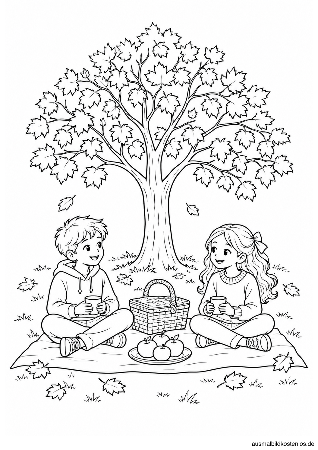 Zwei Kinder mit Bechern auf einer Picknickdecke unter einem Herbstbaum, dazwischen Korb und Apfelteller.