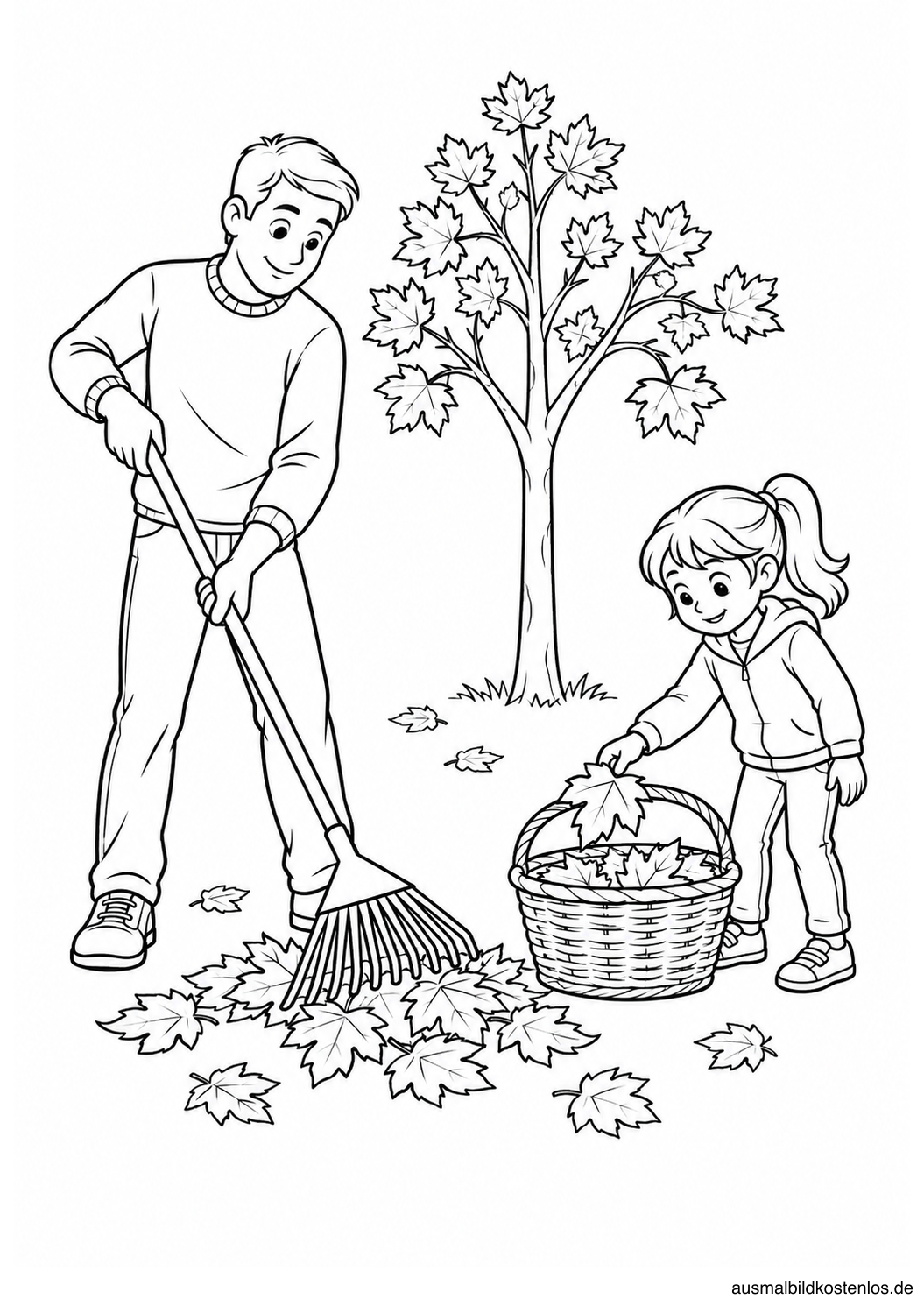 Erwachsener mit Rechen und Kind mit Blatt am Gartenkorb neben einem kleinen Herbstbaum.