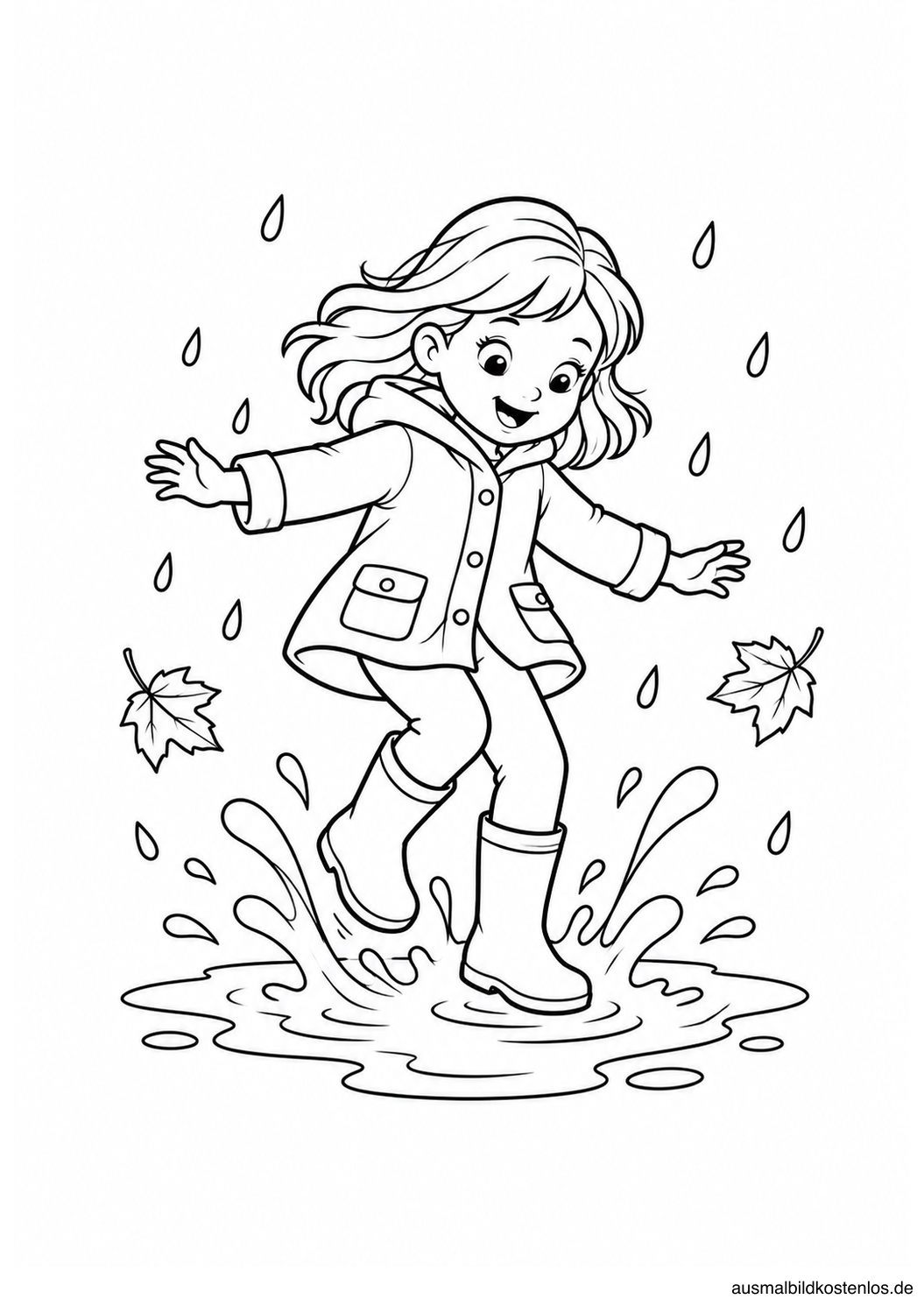 Kind in Gummistiefeln beim Sprung in eine Pfütze, umgeben von Spritzern, Regen und zwei Blättern.