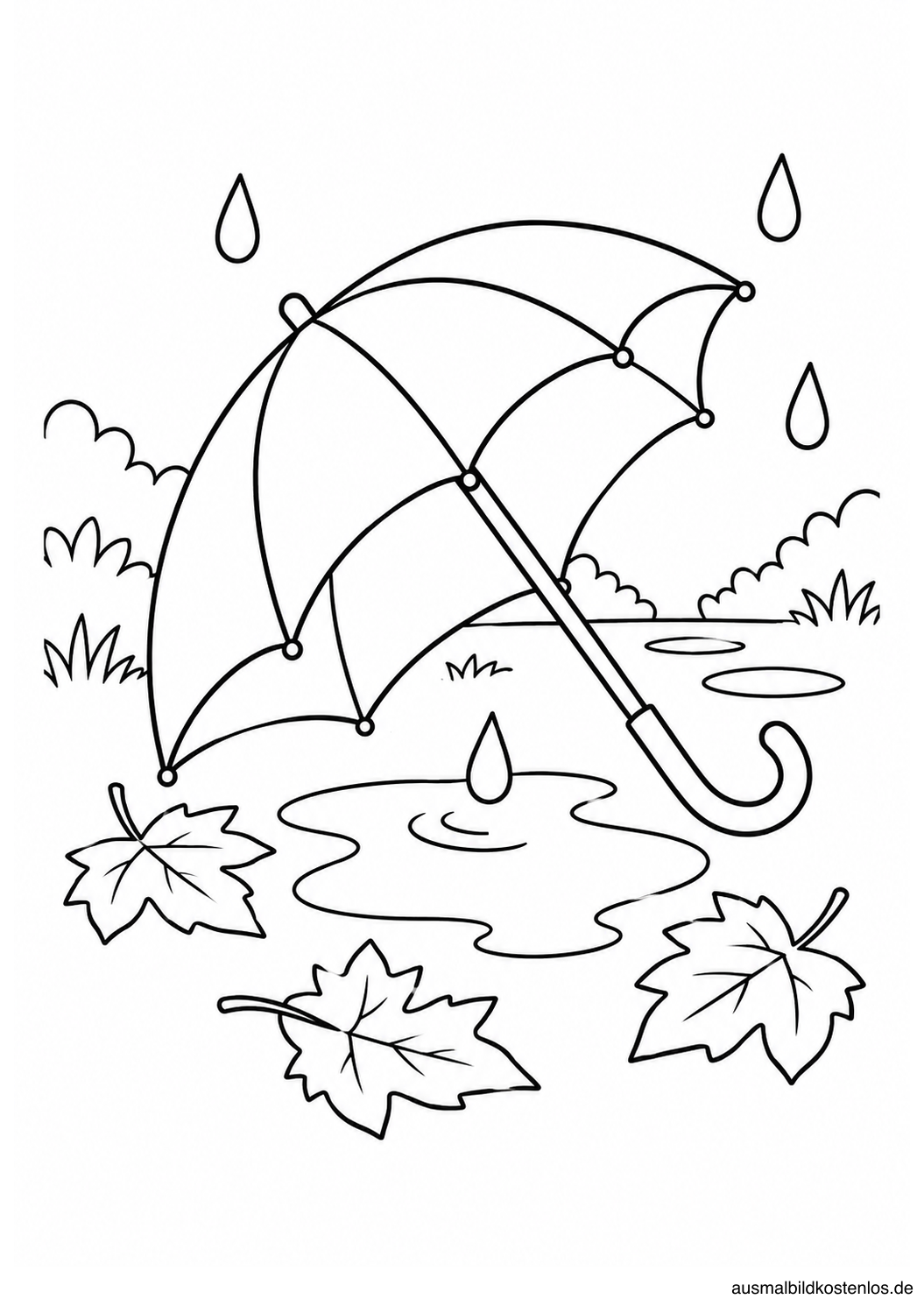 Aufgespannter Regenschirm neben einer flachen Pfütze mit Regentropfen und drei großen Blättern.