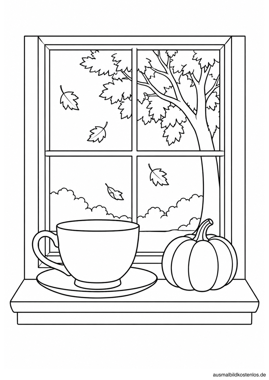 Große Teetasse auf Untertasse und kleiner Kürbis auf einer Fensterbank mit Blick auf einen Herbstbaum.