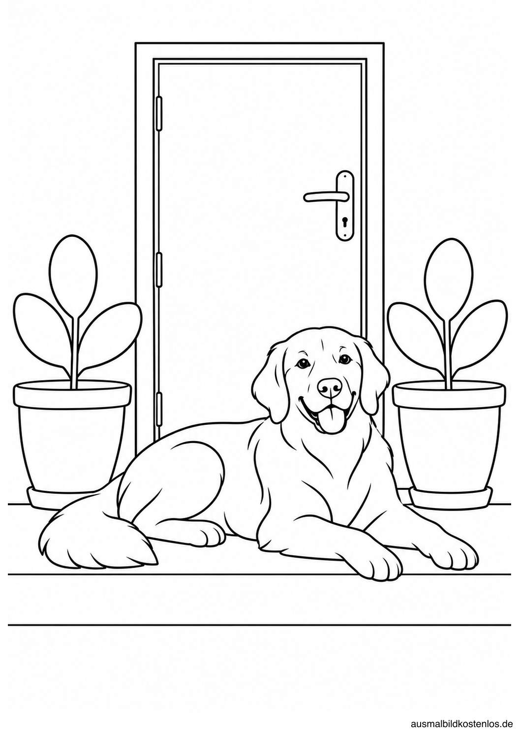 Ein erwachsener Hund liegt neben zwei großen Blumentöpfen auf einer Terrassenstufe.