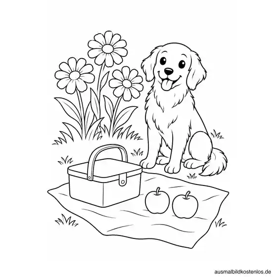 Ein Hund sitzt neben einer Picknickdecke mit geschlossenem Korb und zwei Äpfeln vor drei Blumen.