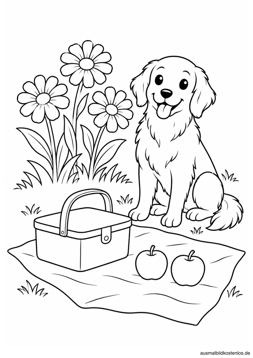 Ein Hund sitzt neben einer Picknickdecke mit geschlossenem Korb und zwei Äpfeln vor drei Blumen.