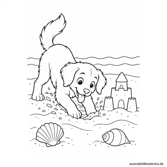 Buddelnder Hund am Strand mit Sandburg