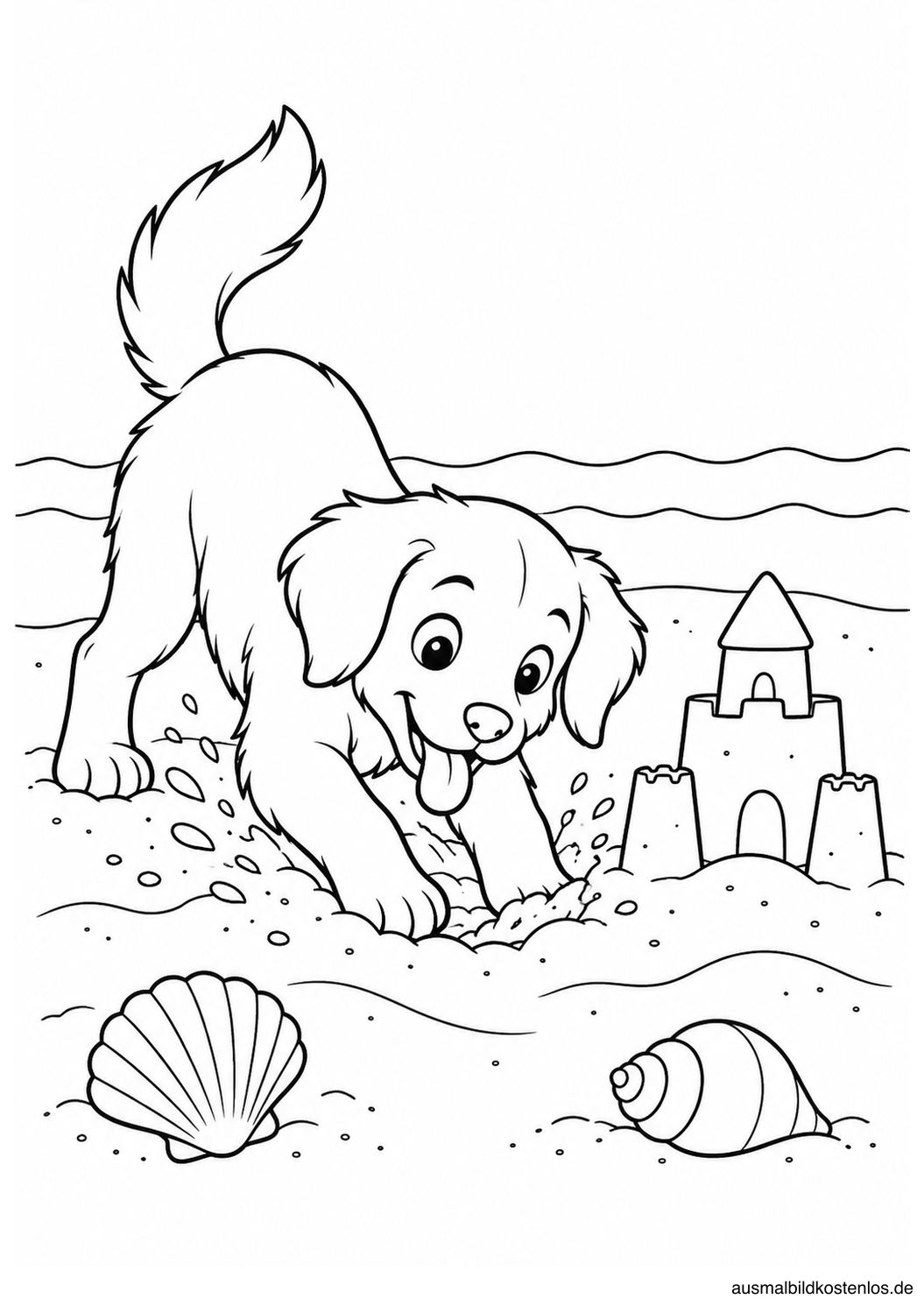 Ein Hund buddelt neben einer Sandburg; zwei Muscheln liegen davor.
