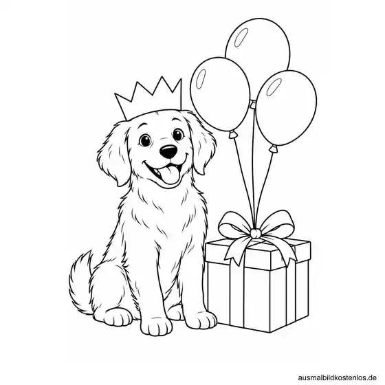 Ein Hund mit Papierkrone sitzt neben einem geschlossenen Geschenk mit drei daran befestigten Luftballons.