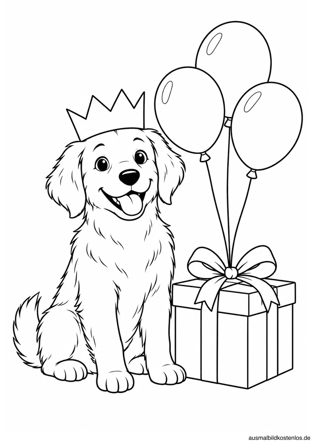 Ein Hund mit Papierkrone sitzt neben einem geschlossenen Geschenk mit drei daran befestigten Luftballons.