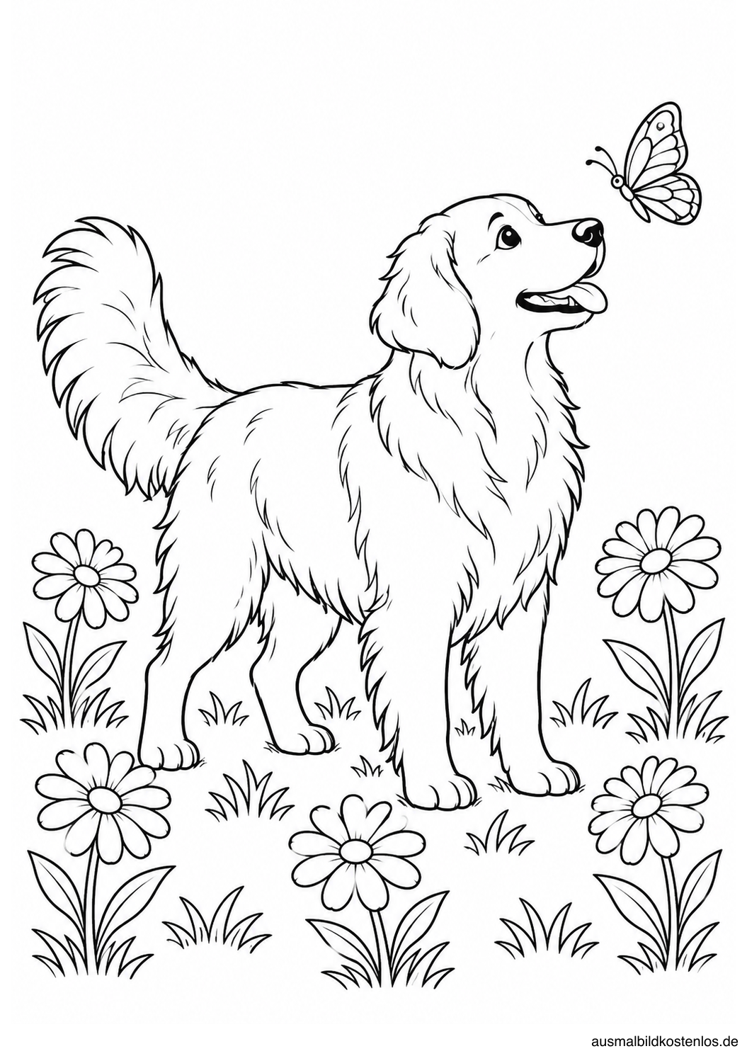 Ein Golden Retriever betrachtet einen Schmetterling zwischen fünf Blumen.