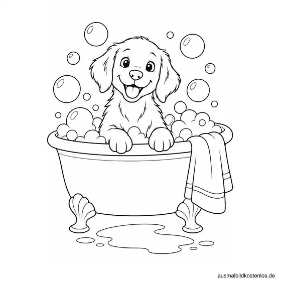 Fröhlicher Hund in der Badewanne