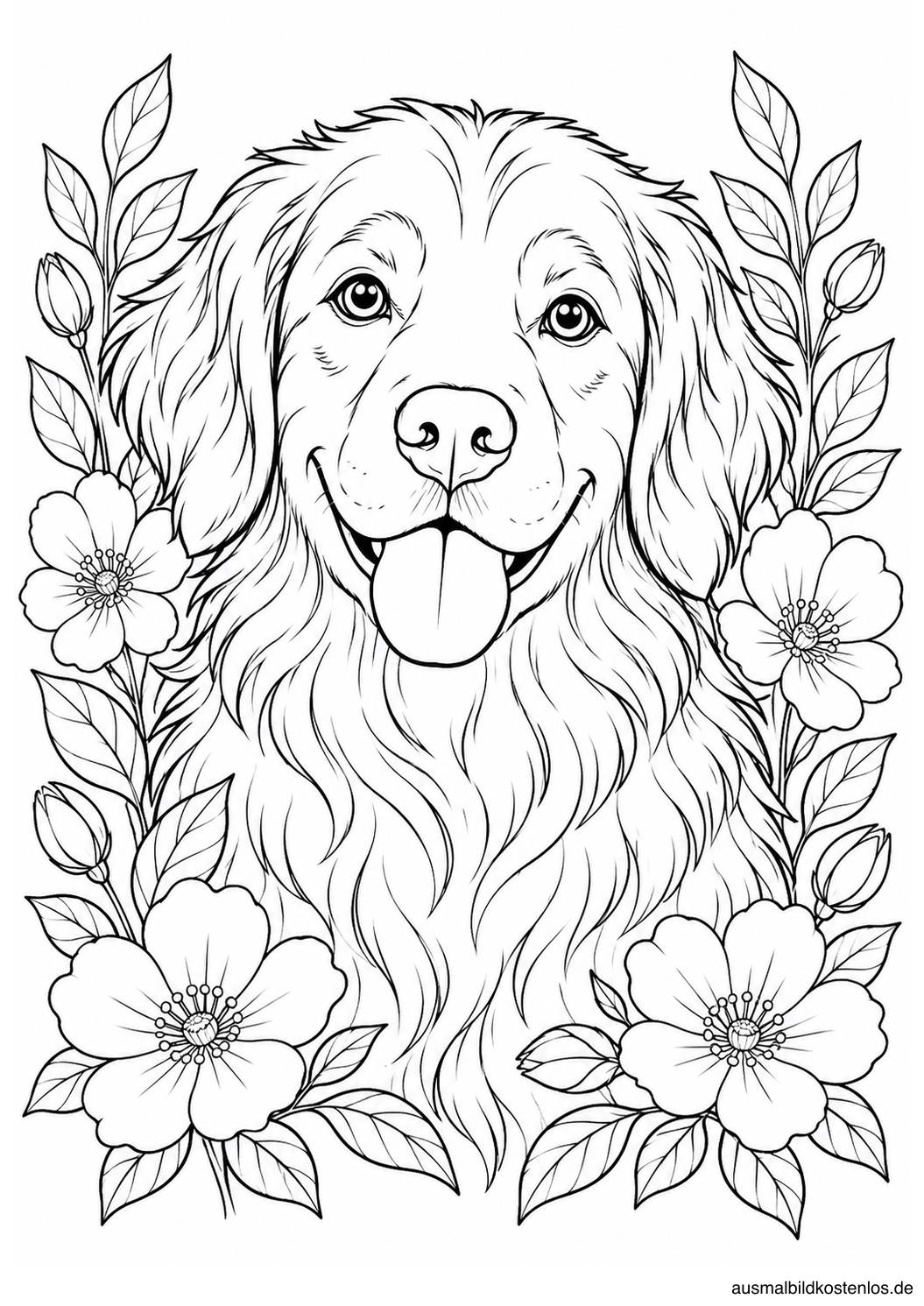 Kopf und Brust eines langhaarigen Hundes stehen zwischen Blumen und Blattzweigen.