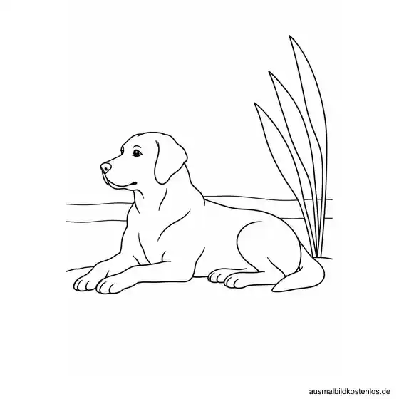 Ein erwachsener Hund liegt seitlich am Seeufer neben drei großen Schilfblättern und zwei Wasserlinien.