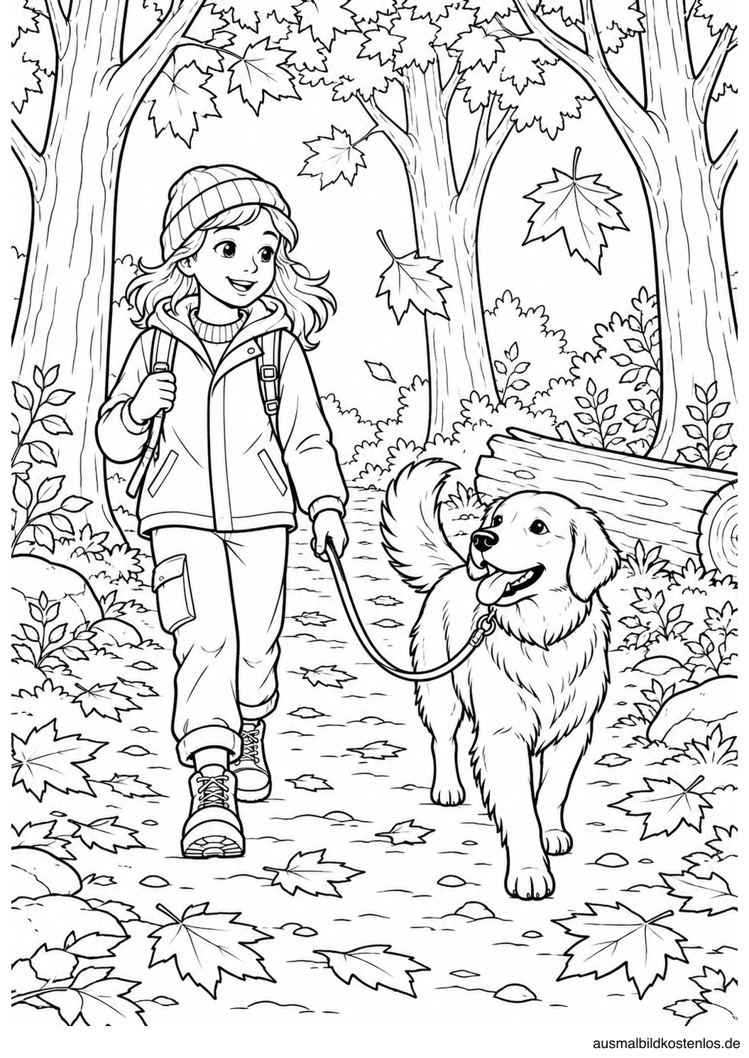 Ein Kind geht mit einem Hund an lockerer Leine durch einen herbstlichen Wald.