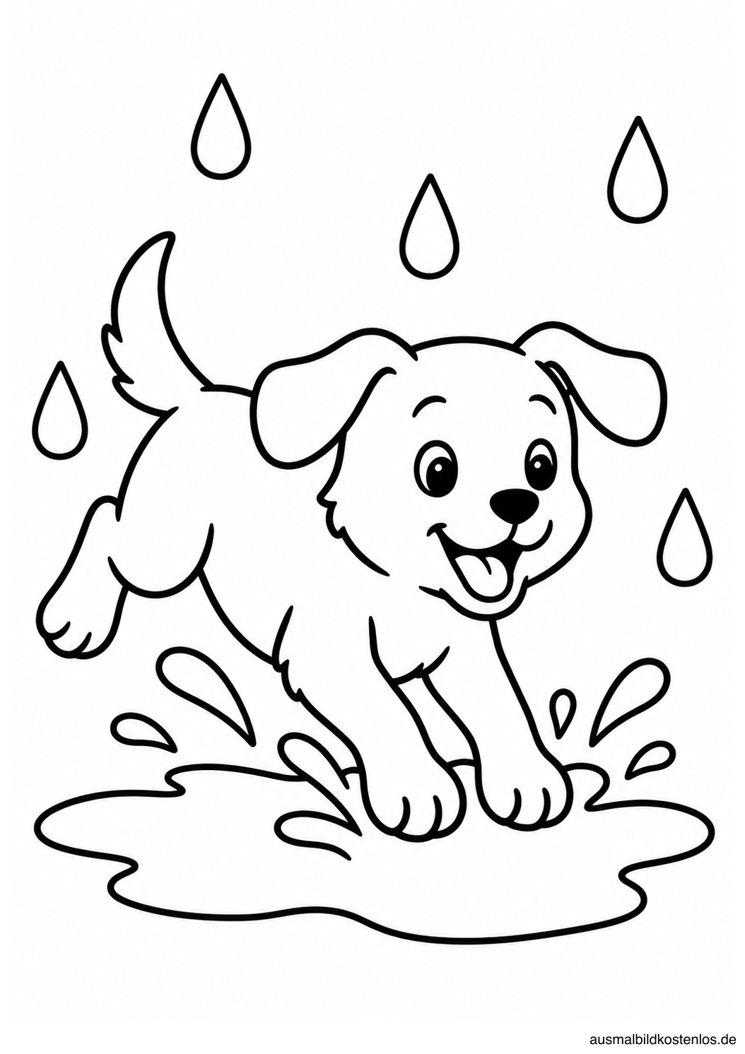 Ein kurzhaariger Hund springt mit den Vorderpfoten in eine Pfütze unter fünf Regentropfen.