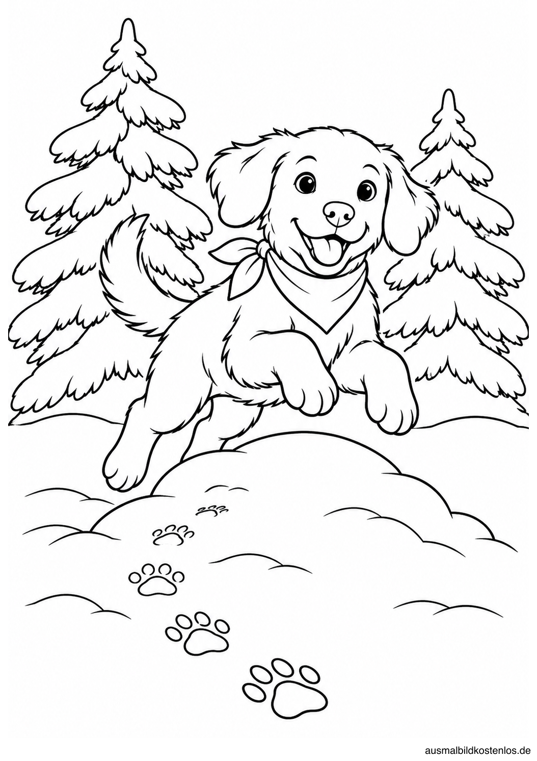 Ein Hund mit Halstuch springt über einen Schneehügel vor zwei Bäumen.