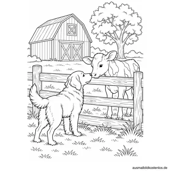 Ein Hund und ein Kalb nähern sich mit den Nasen an einem niedrigen Weidezaun vor Scheune und Baum.