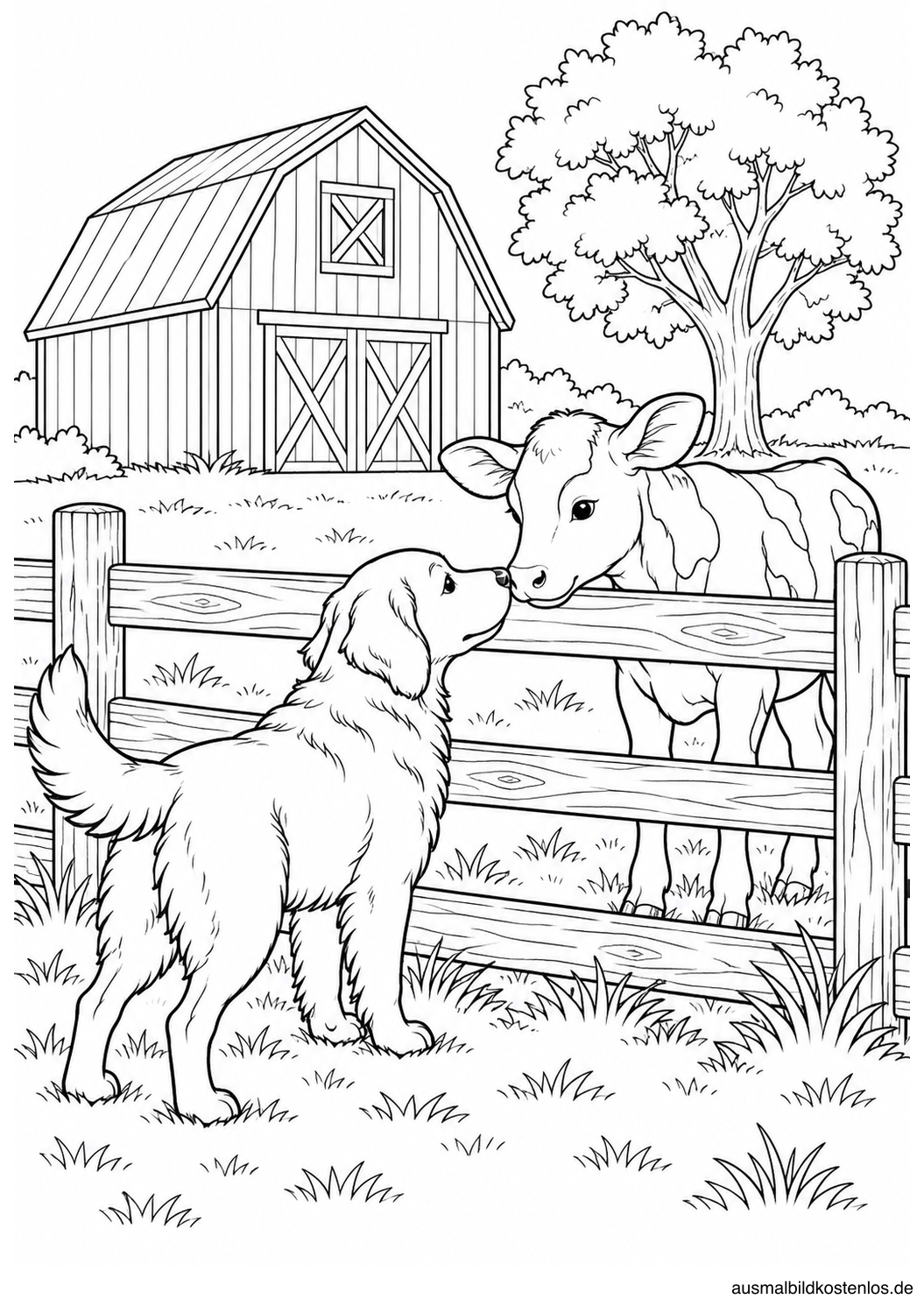 Ein Hund und ein Kalb nähern sich mit den Nasen an einem niedrigen Weidezaun vor Scheune und Baum.
