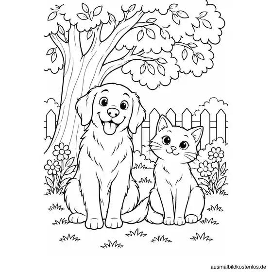 Hund und Katze unter einem Gartenbaum