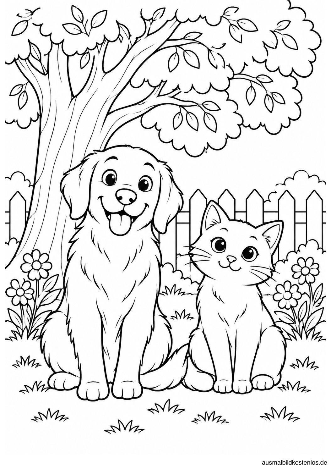 Hund und Katze sitzen mit sich berührenden Schwänzen unter einem Gartenbaum.