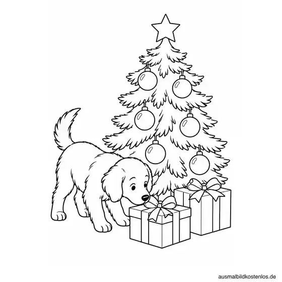 Ein Hund schnuppert an einem Geschenk unter einem kleinen Weihnachtsbaum mit sechs Kugeln und einem Stern.