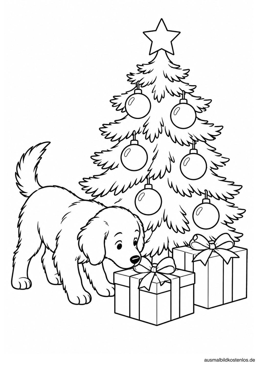Ein Hund schnuppert an einem Geschenk unter einem kleinen Weihnachtsbaum mit sechs Kugeln und einem Stern.