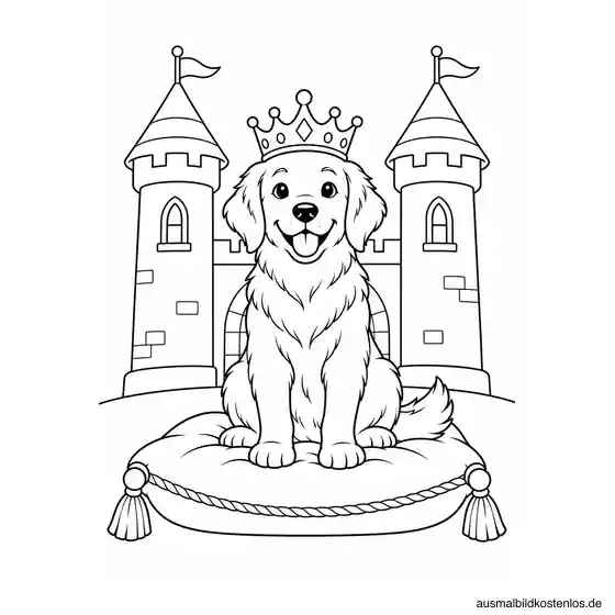 Ein Hund mit Krone sitzt auf einem breiten Kissen vor einem einfachen Schloss mit zwei Türmen.