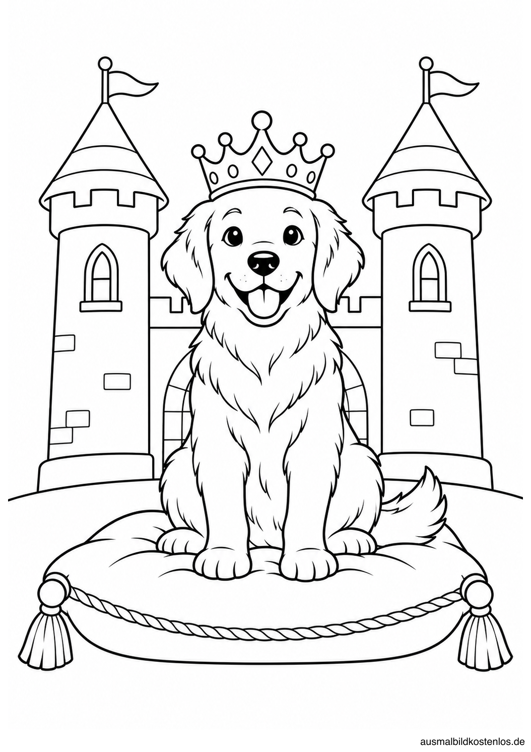 Ein Hund mit Krone sitzt auf einem breiten Kissen vor einem einfachen Schloss mit zwei Türmen.