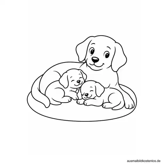Eine liegende Hundemutter kuschelt auf einer großen ovalen Decke mit ihren zwei Welpen.
