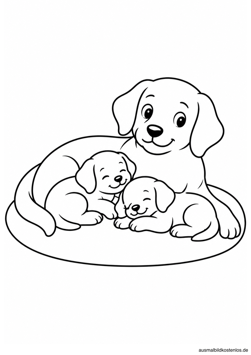 Eine liegende Hundemutter kuschelt auf einer großen ovalen Decke mit ihren zwei Welpen.