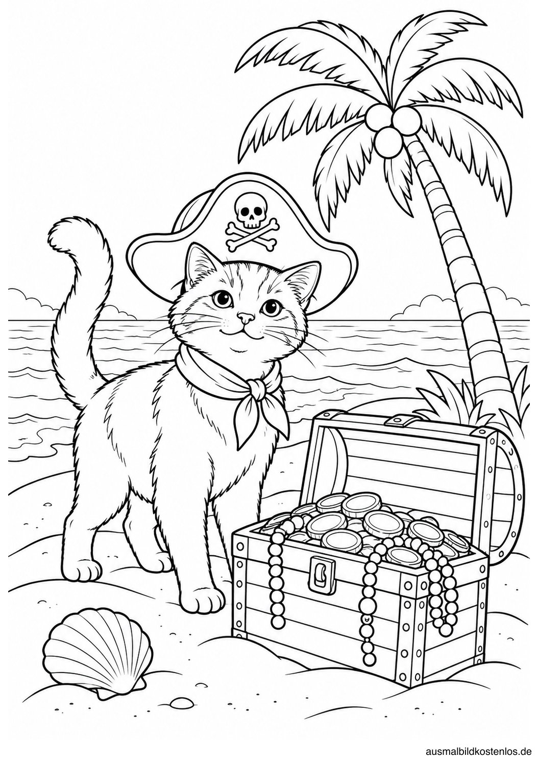 Katze mit Piratenhut und Halstuch neben offener Schatztruhe mit Münzen und Perlen, Palme und Muschel.