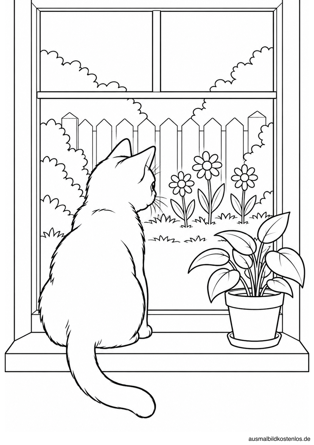 Katze von hinten auf einer Fensterbank neben einer Topfpflanze mit Blick auf Zaun und drei Blumen.