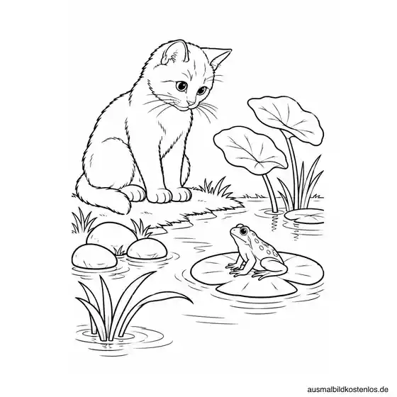Katze beobachtet einen Frosch am Teich