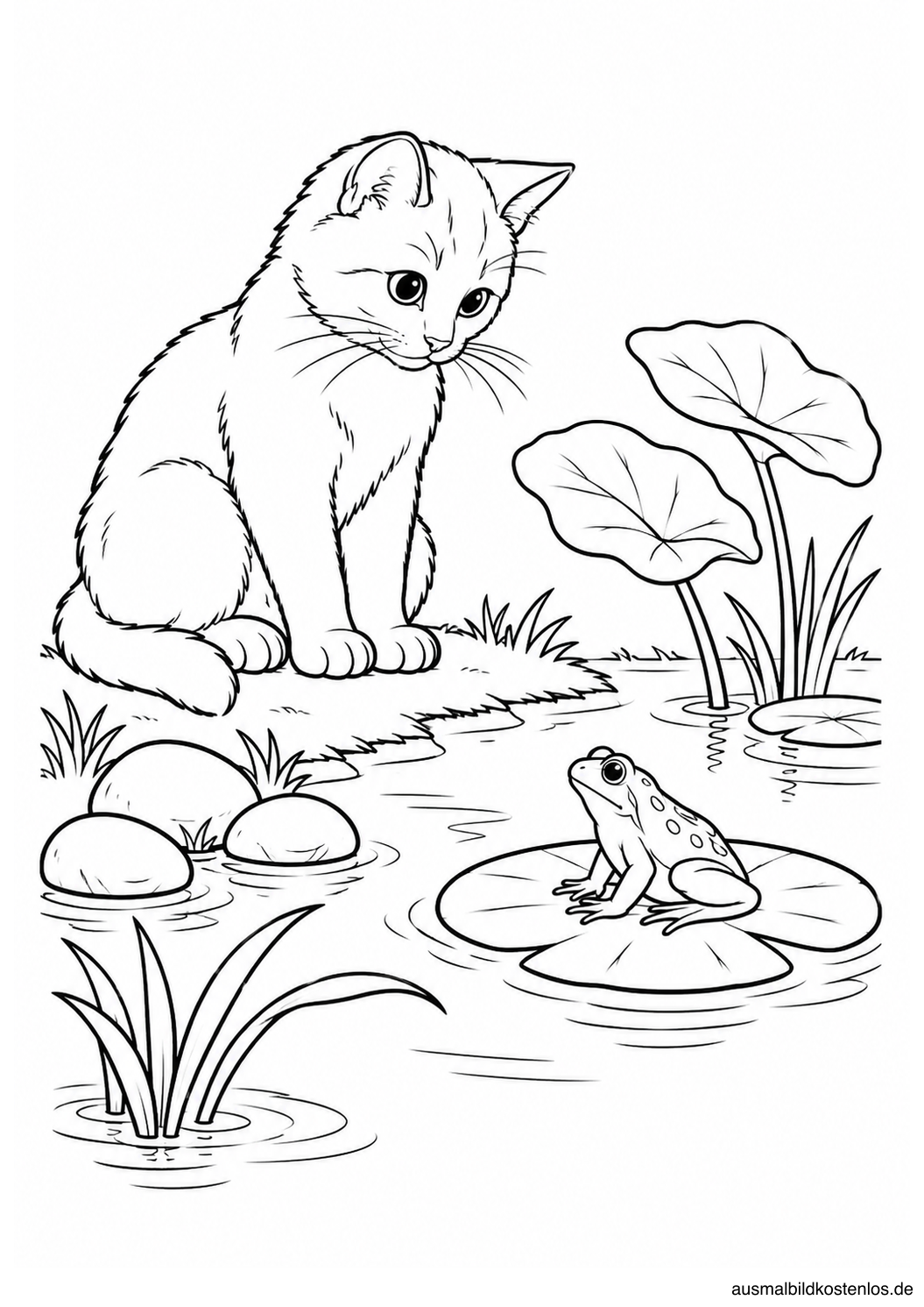 Katze am Teichufer beobachtet einen Frosch auf einem Seerosenblatt neben drei Steinen und Wasserpflanzen.